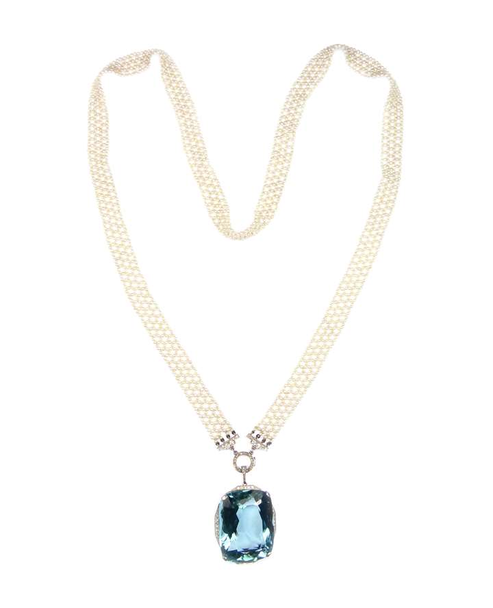 Early 20th century aquamarine, seed pearl and diamond sautoir necklace